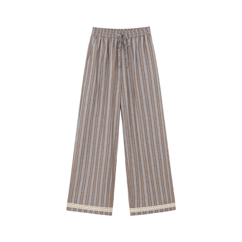 Women s High Waist Striped Wide Leg Pants Loose Fit Casual Trousers Lace Splicing Elastic Waist Summer Cotton Pants XS