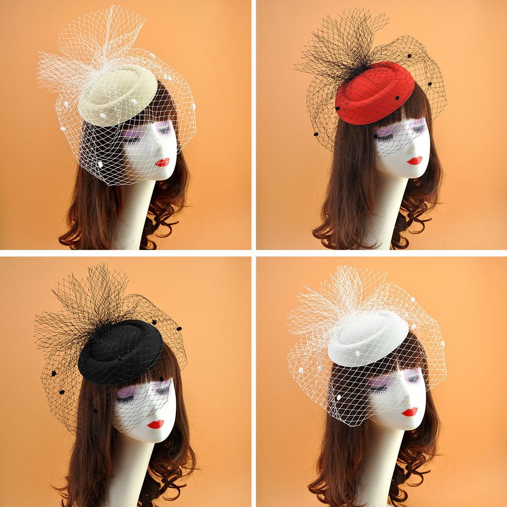 Womens Felt Fascinator Hat Topper Mesh Veil Small Plush Wave Point Decor Hair Clips Wedding Bridal Cocktail Headwear