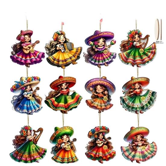 

12 Pcs Mexican Dancing Girls Ornament Cinco De Mayo Hanging Decoration Wooden Fiesta Mexico Ornament for Carnivals Party Favors Home Tree Decor 12pcs