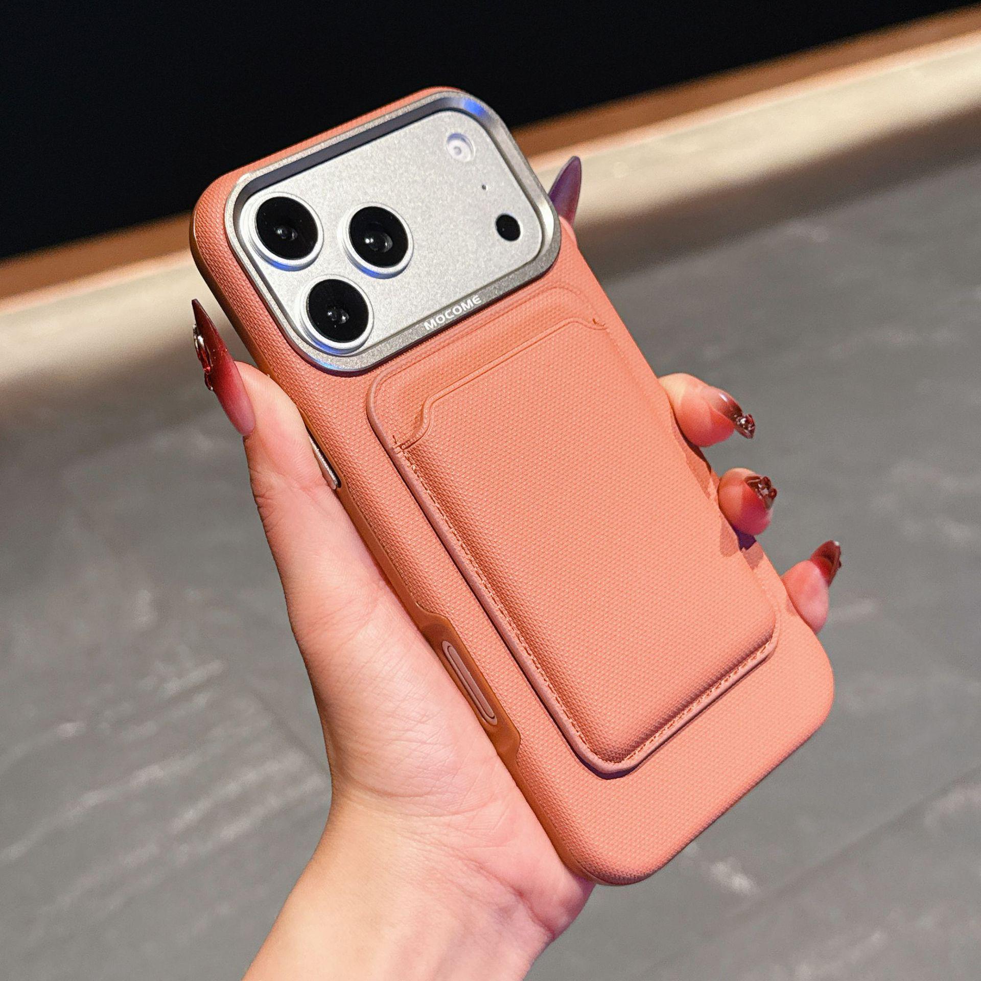 Plaid Magnetic Apple Phone Case for iPhone 17 Pro Max with Card Holder - Drop-proof Tech Fabric Protective Cover 12 Pro коричневый