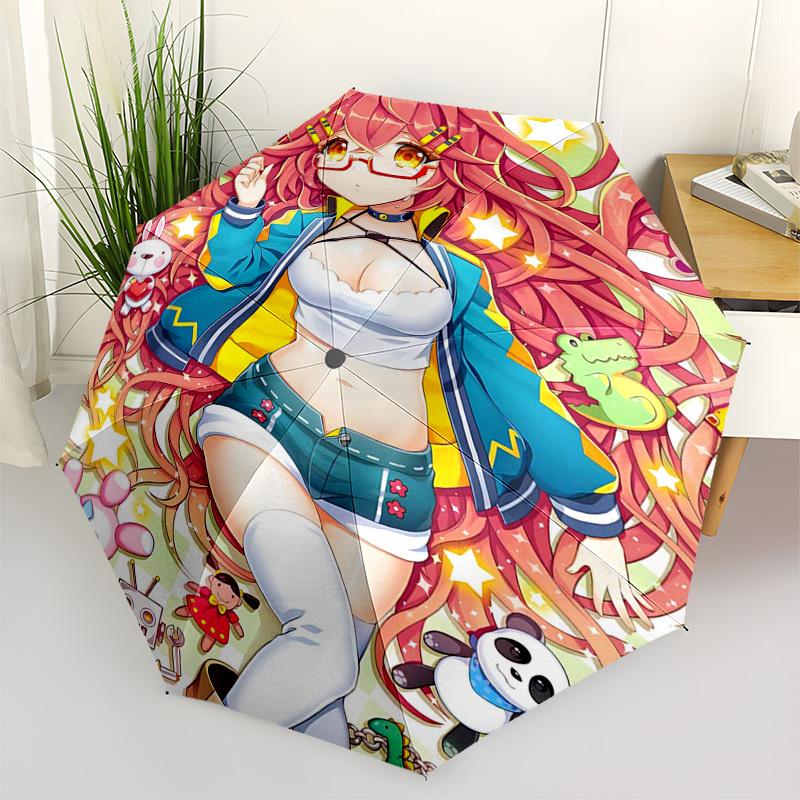 1pc Outdoor Umbrella with Cute Anime Girl and Stuffed Toys Design - Automatic Opening/Closing, Portable 3-Fold Design, 8-Rib Iron Frame - Perfect