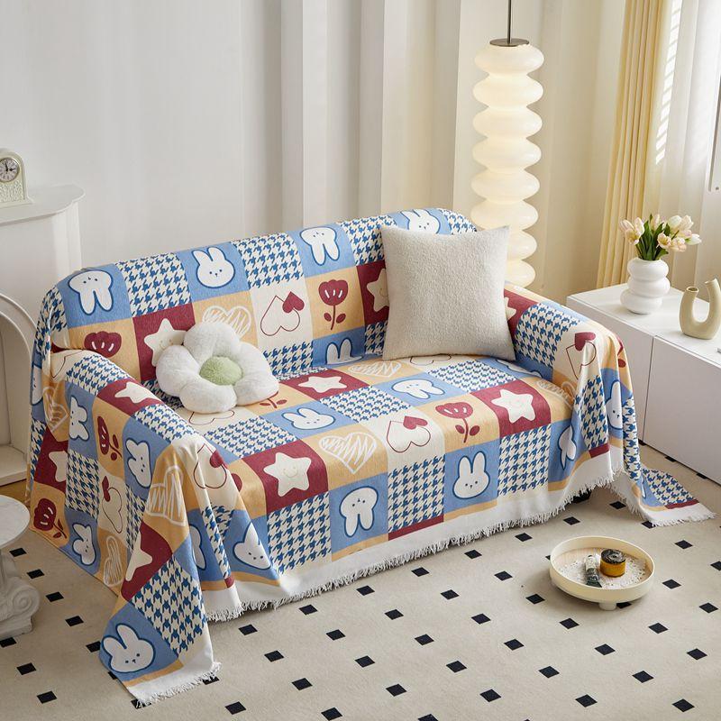 

Cartoon Printed Sofa Towel with Tassels Lovely All-Cover Anti Cat Scratch Sofa Blanket Easy Care Recliner Cover for Living Room 180x130cm
