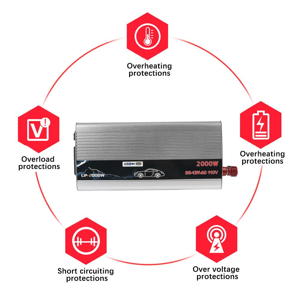 Metal Car Power Invertor DC 110V To 220V Vehicle-Mounted Household AC Converter Universal Portable Socket With USB 2000W