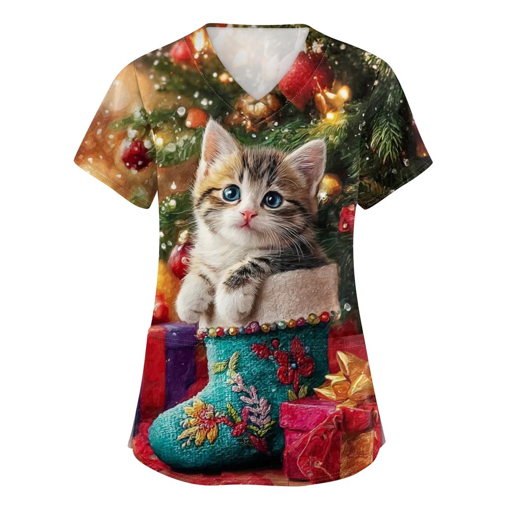 Women's V-neck Christmas printed short-sleeved pocket side-slit protective suit top
