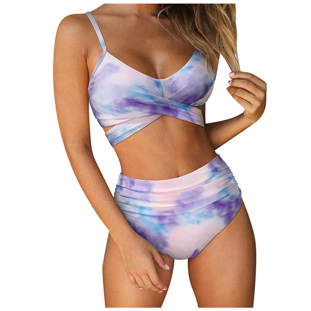 Two Piece Bikini Set with Wrap Around Top and High Waist Bottom Adjustable Straps and Stretch Fabric for Beachwear Swimwear
