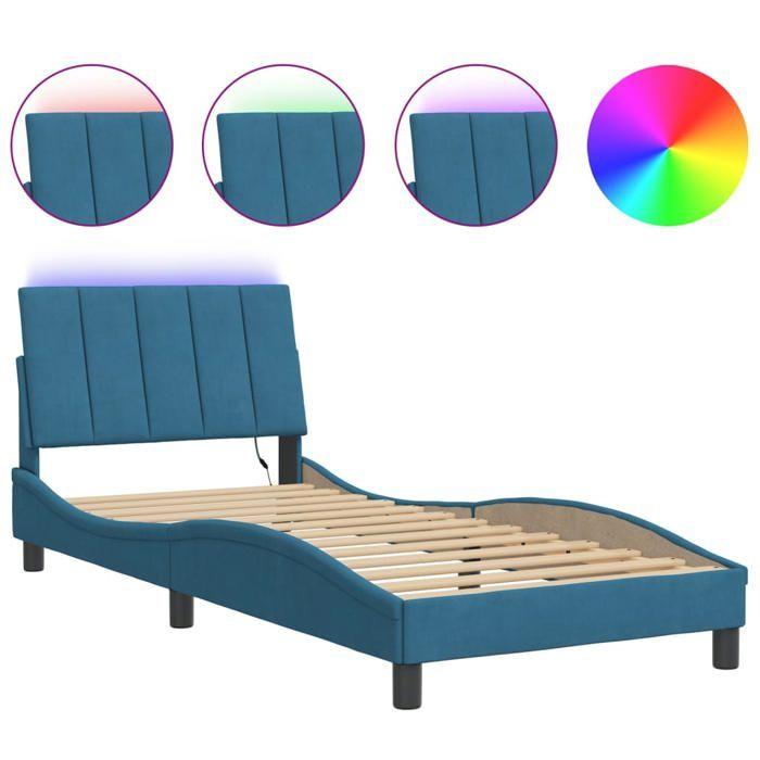VidaXL Cadre de Lit avec Lumières LED, Lit Rembourré avec Sommier à Lattes, Lit Simple, Lit Adulte, Moderne, Bleu 90x200 cm 3213761