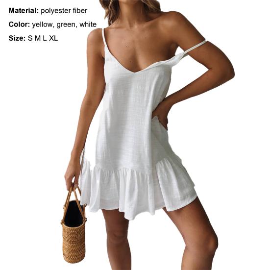 Sexy Women Dress Solid Color Sleeveless Deep V Neck Ruffle Hem Loose Mini Dress for Party