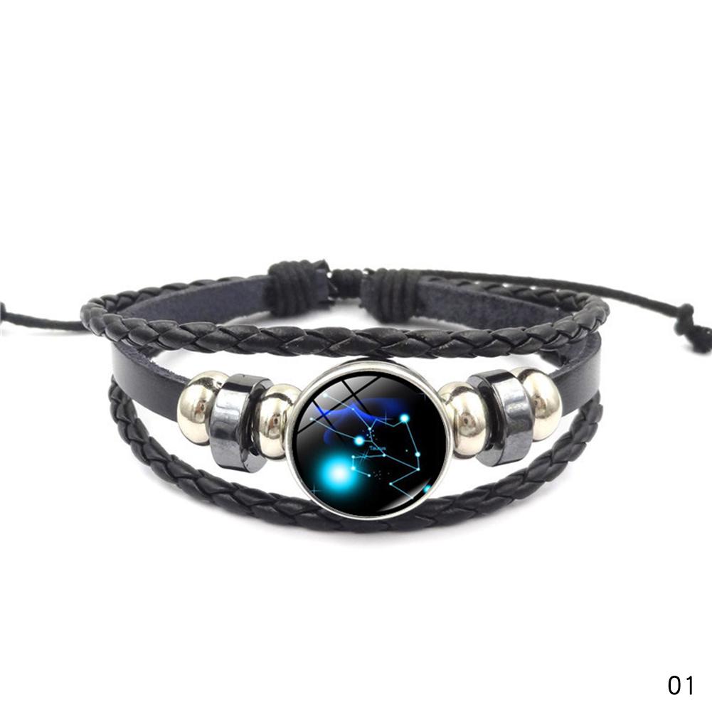 Punk 12 Constellation Bracelet Multilayer Leather Woven Handmade Night Light Star Bangle