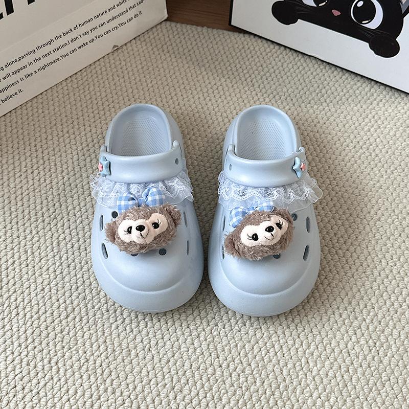 Cute and Sweet Shirley Rose Bow Hole Shoes Women's Summer 2025 Fashion Outer Wear Lace Edge Bag Head Slippers