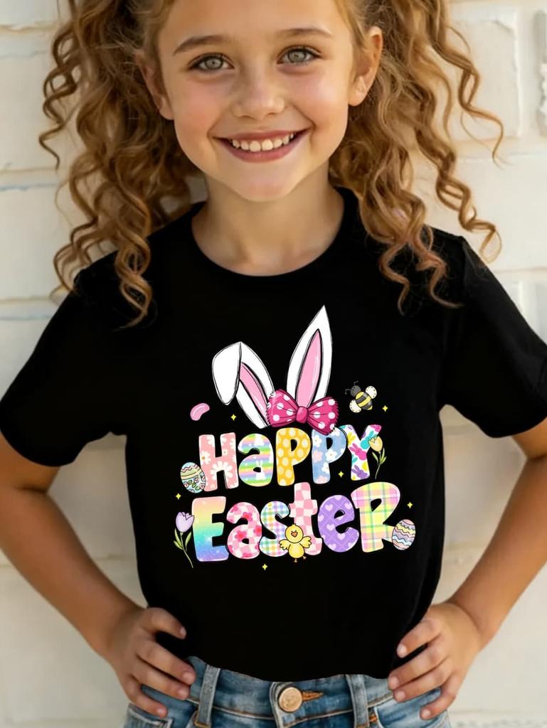 2026 Happy Easter T-Shirt for Girls Bunny Cute Rabbit Ear Letter Graphic Summer Tee Boys Girls Short Sleeve Children's Clothing
