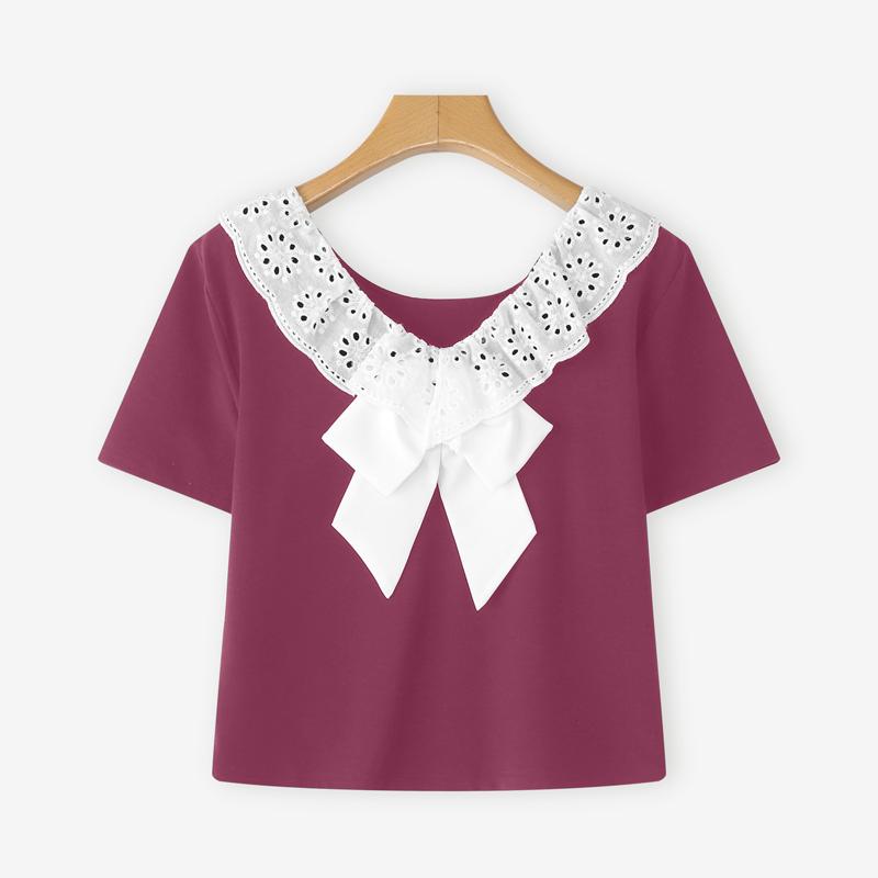 

VONDA Women Short Sleeve Lace Crochet Patchwork Bow Knot Casual Cropped Blouse