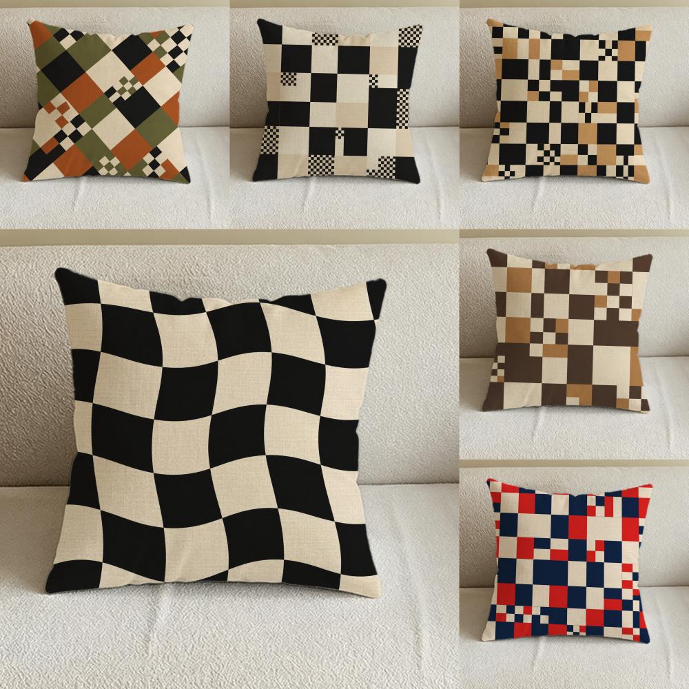 Pattern Checkerboard Cushion Cover Natural Linen Pillowcase Set AllinOne Decor for Sofa Bedroom Chair