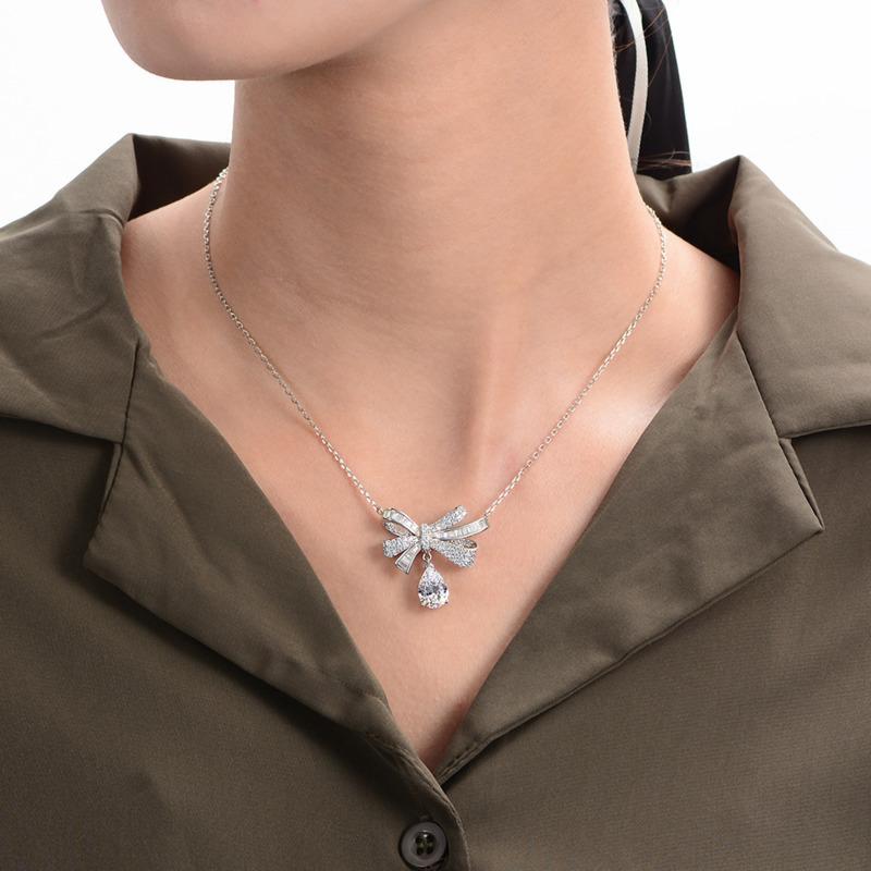 Gica Gema 100% 925 Sterling Silver Pear Cut 7*10 MM AAAAA Zircons Gemstone Cocktail Bowknot Pendent Necklace For Women Fine Jewelry
