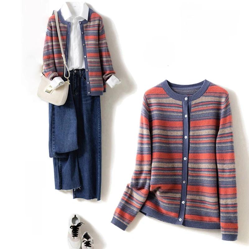 Sweaters Coat Cardigan for Women Winter Oversize Stripes Loose Long Sleeve Knit Sweaters Coat S