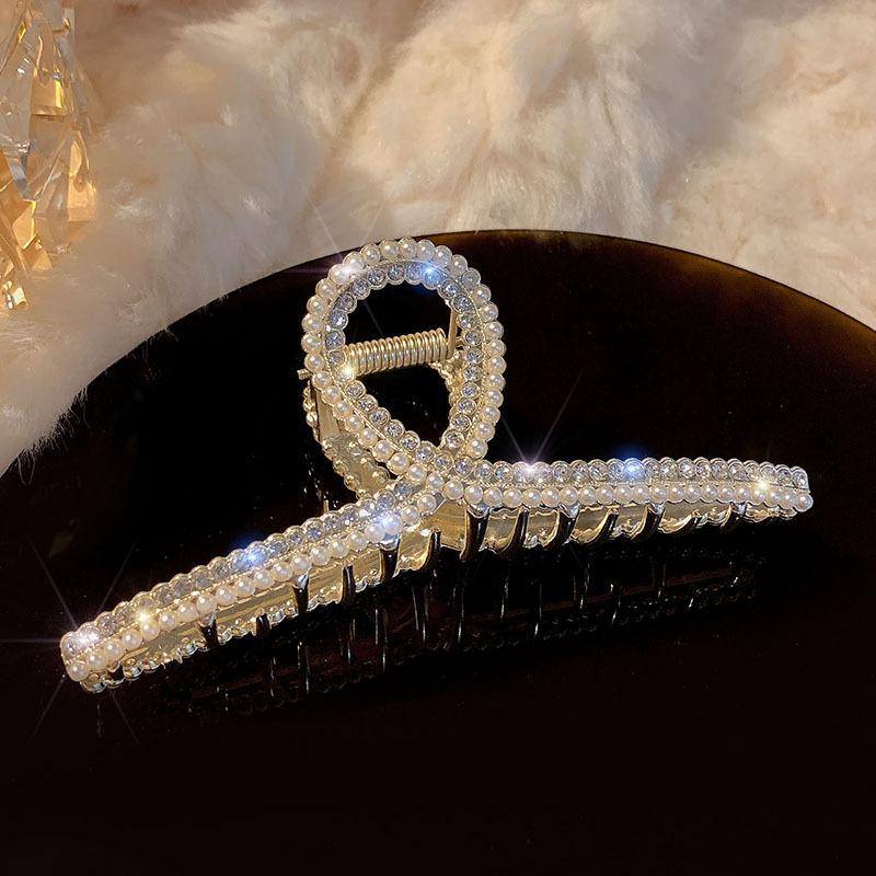 Pearl Cross Alloy Gripper Korean Version Pearl Metal Large Grip Clip Pearl Hair Clip Hair Accessory with Fairy Like Aura