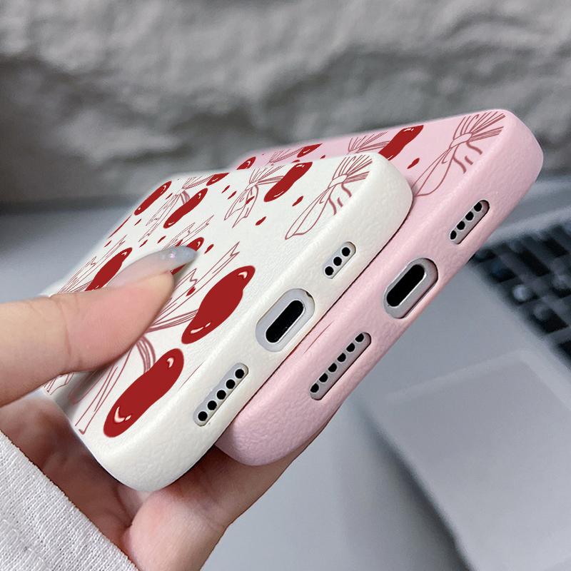 Leather Texture TPU Soft Phone Case For iPhone 16 Pro Max 15 Pro 14 13 12 11 Bowknot Cherry Print Slim Shockproof Matte Bumper Cover