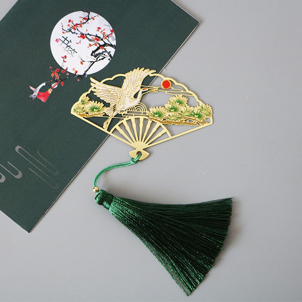 Office Supplies Crane Flower Tassel Pagination Mark Book Clip Brass Bookmark Folding Fan Shape