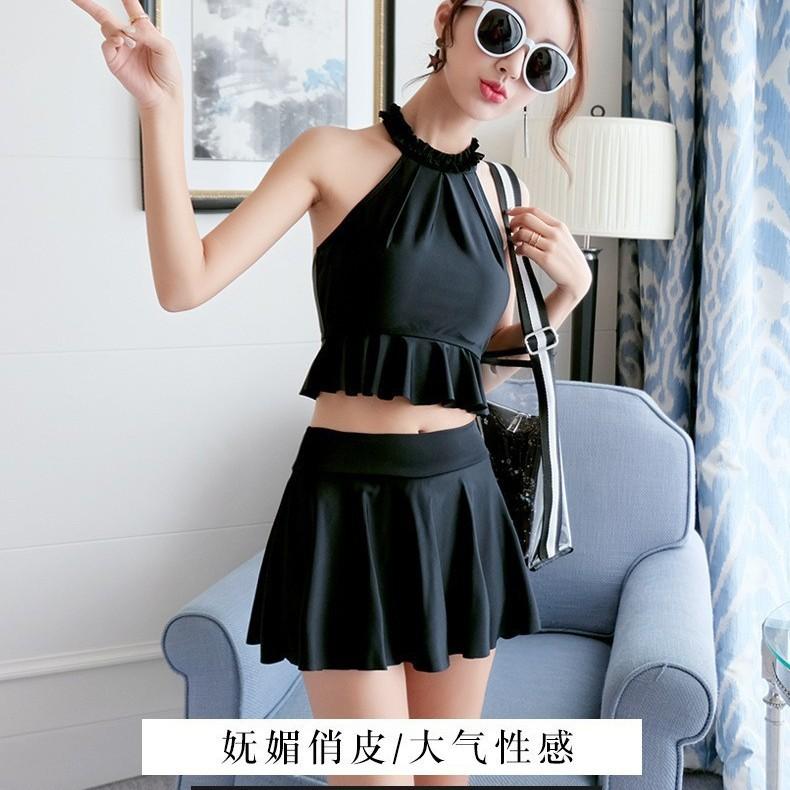 Qilang Swimsuit Women's Three-piece Korean Hot Spring Small Fragrant Style Conservative Belly Cover Small Breasts Gathering Skirt Hot Spring Swimsuit