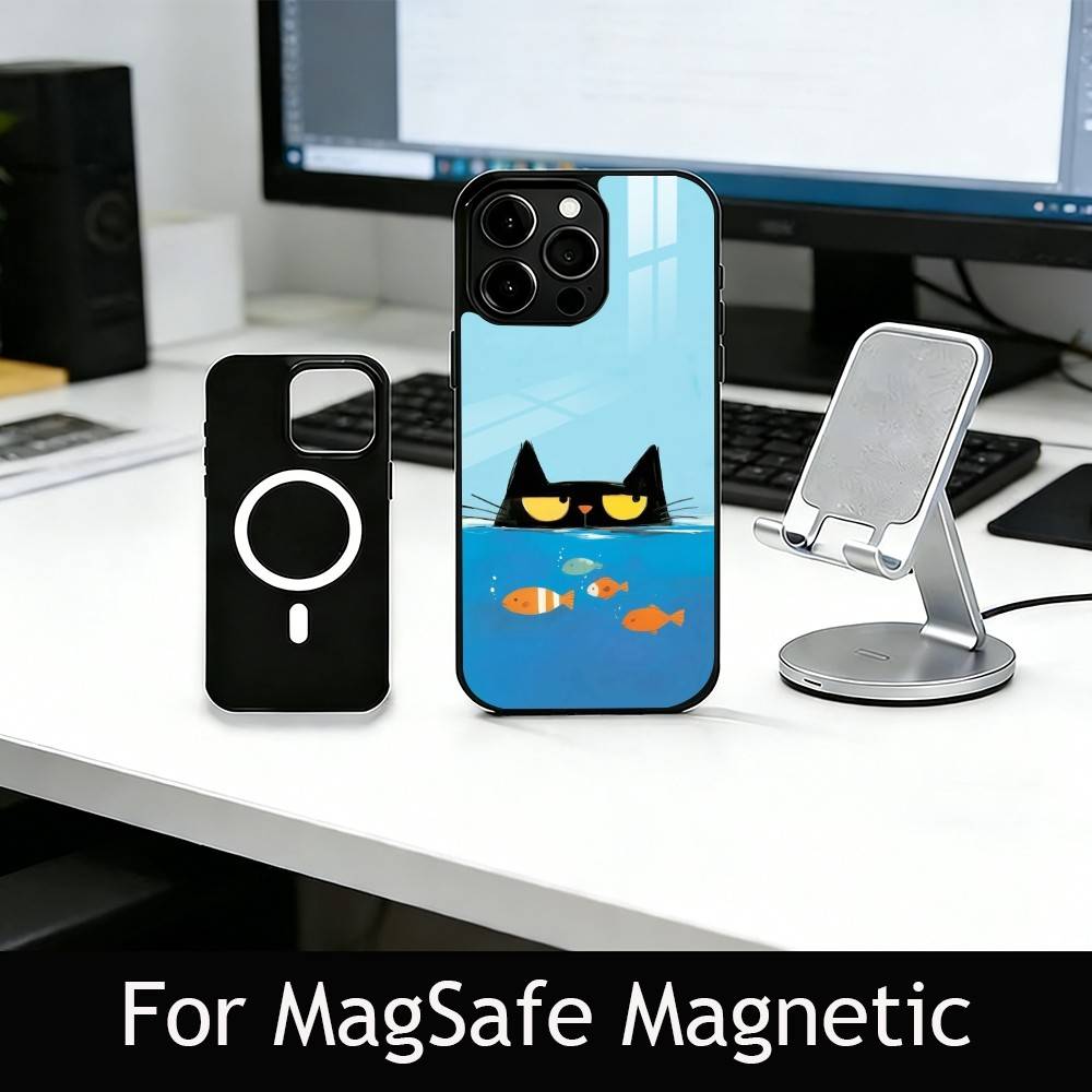 Cute Black Cat Illustration Phone Case For iPhone17,16,15,14,13,12,11 Plus,Pro Magnetic For Magsafe Wireless Charging