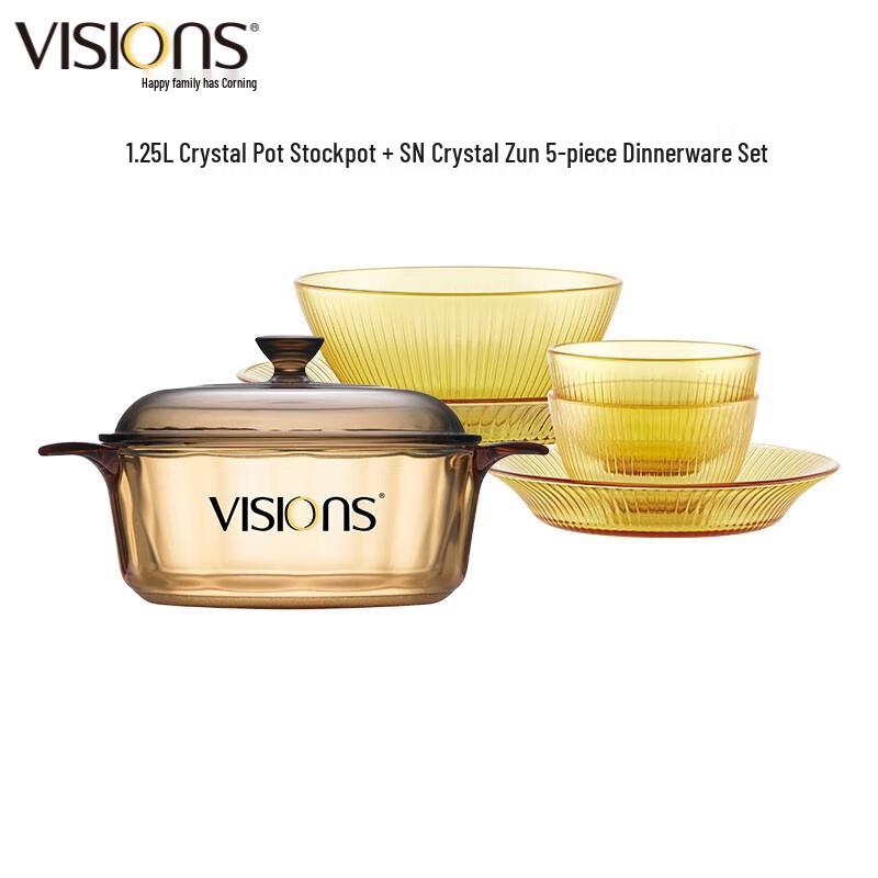 Corning VISIONS 1.25L Crystalline Glass Cookware & 5-Piece Dinnerware Set