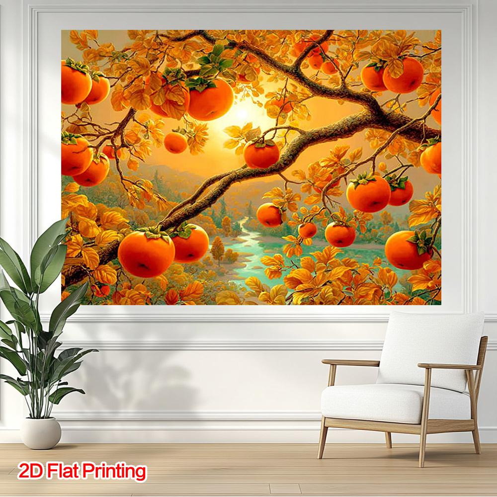 1 Piece of 2D Flat Persimmon Tree and Autumn Leaves Background Fabric Made of Polyester Suitable for Home Garden and Studio.