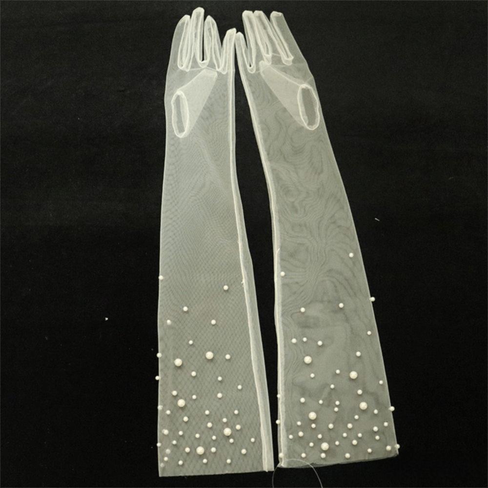 Handmade Beading Bridal Gloves Transparent Tulle Gloves Vintage Pearl Gloves  Dinner Party