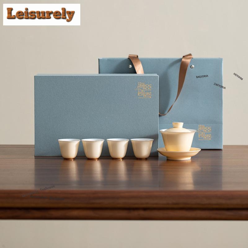HOYIHM Color Glazed Tea Set Complete Set Luxury Gaiwan Beautiful Tea Cup Tea Ceremony Set Teapot And Tea Cup Set Cafes Ornaments