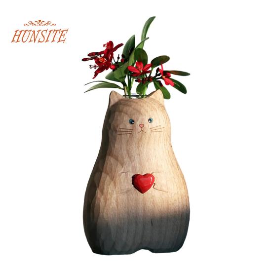 Handgefertigte Katzenvase aus Holz, Tischdekoration aus Kunstharz