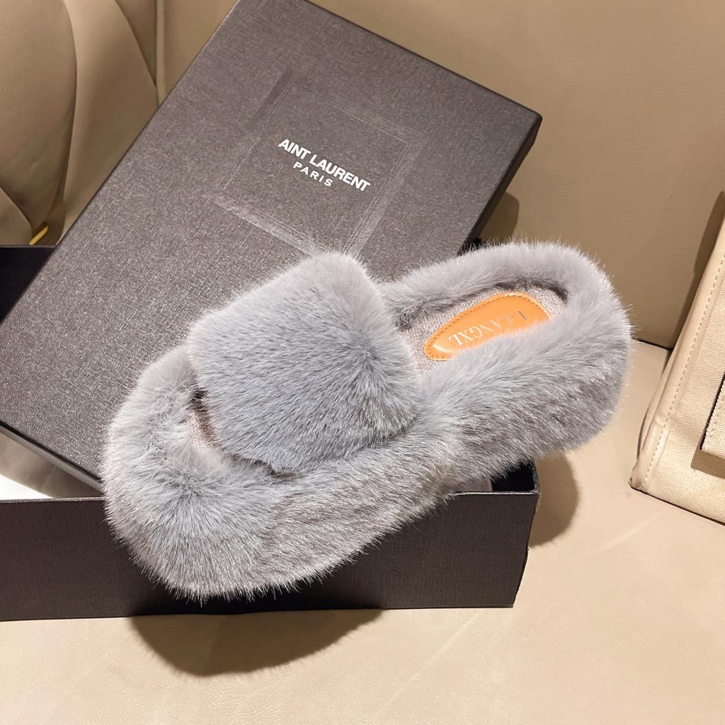 Height-increasing thick-soled fluffy slippers women's autumn and winter outer wear fluffy shoes one-word ins home home plush drag spring and summer