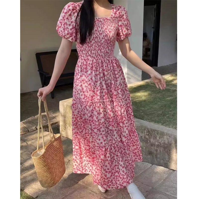 Gentle wind French square collar floral dress women's summer annual temperament vacation dress long