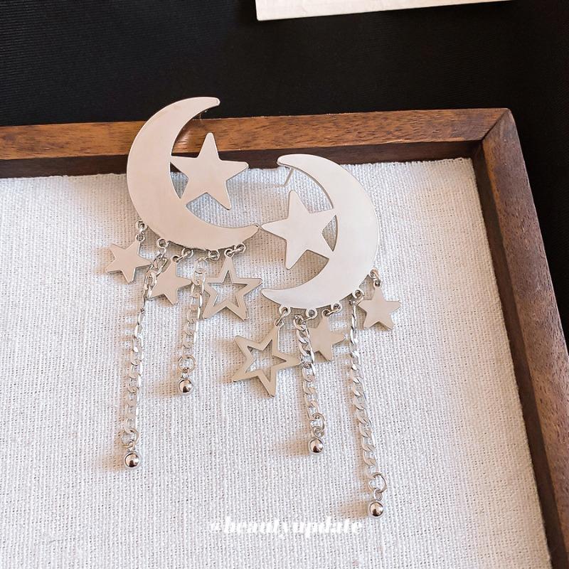 Phantom Moon Meteor~ Silver Needle Moon Star Tassel Earrings Yk Sweet Cool Spice Girl Wind Earrings Design Sense Niche Earrings