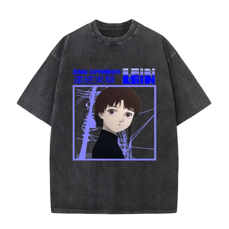 Anime Giapponese Seriale EsperiUnisexts Lain Vintage Lavato Maglietta Unisexga Iwakura Ragazza Sci Fi T-shirt Unisex Cotone Casuale Maglietta