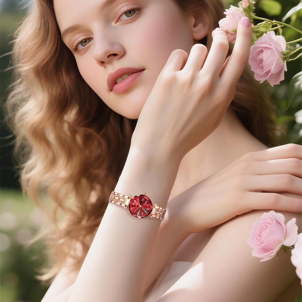 Yalalusi Roségold Damen Wasserdichte Quarz Uhr mit Rubin Akzent - Modisch und Elegant