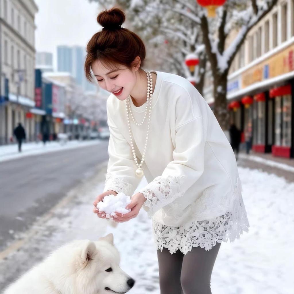 Women's Mid-Length Fleece Lace Patchwork Long Sleeve Top - Thick Base Layer for Autumn/Winter 2026