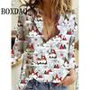 Women's New 3D Christmas Print Long Sleeve Blouses Elegant Lapel Long Sleeve Tops Winter Spring Single-Breasted Basic Shirt