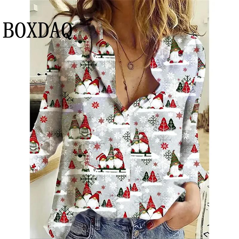 Women's New 3D Christmas Print Long Sleeve Blouses Elegant Lapel Long Sleeve Tops Winter Spring Single-Breasted Basic Shirt