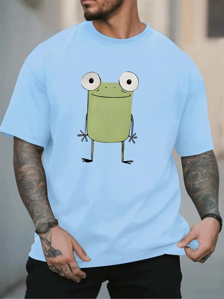Unisex O Neck Tee Big Eyes Cartoon Frog Cute Animal Print Cotton Short Sleeve Loose Summer Breathable Daily Casual Basic Wear Top
