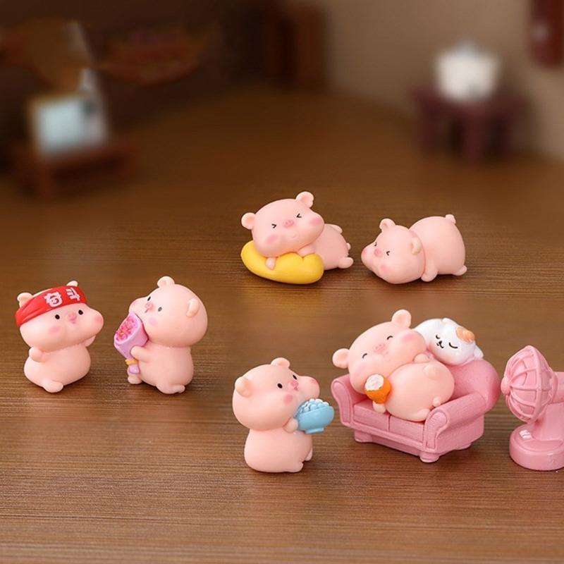 6Pieces Pink Pig Dolls Cartoon Animal Miniature Figurines for Car Rear View Mirror and Home Office Desktop Shelf Decors