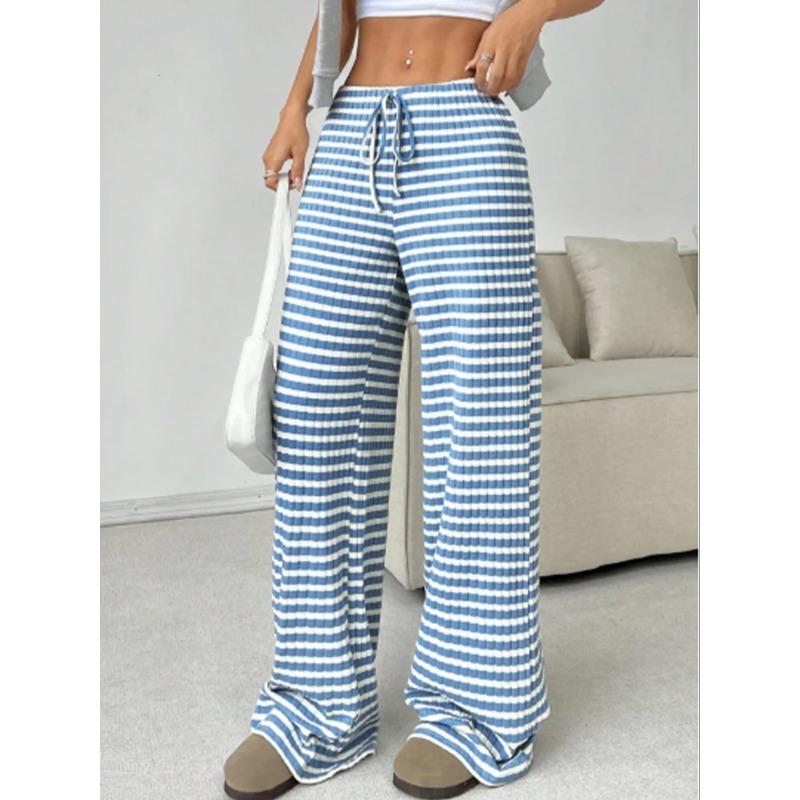 Striped Printed Long Pants Women's Casual Lace Up Pants High Street Fashion Elegant Autumn Straight Leg Pants