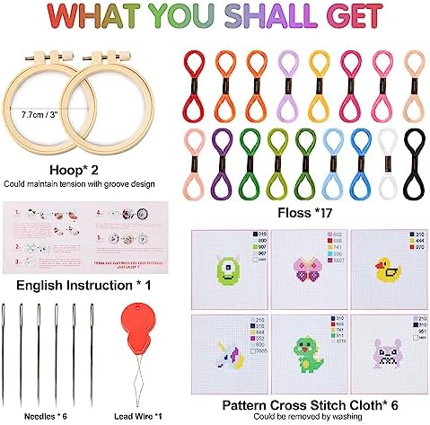 Ysimple Kids Cross Stitch Kit, 6 Animal Patterns DIY Embroidery Starter Kit for Beginners, Includes 2 Hoops, Crafts Sewing Art for Children & Adults