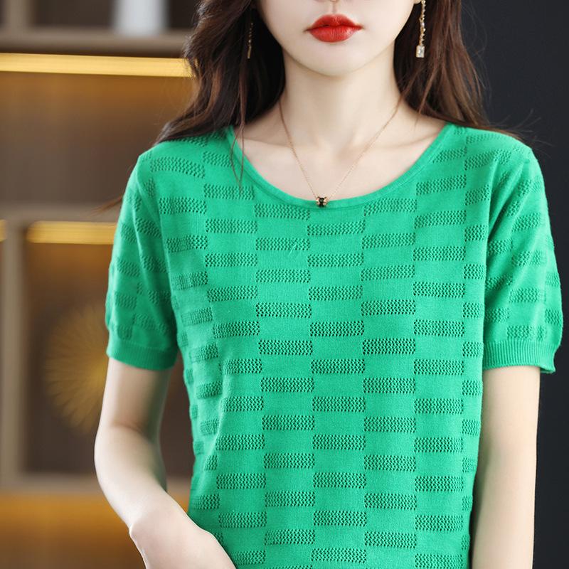 Letni T-shirt z krótkim rękawem z czystej bawełny dzianinowy dla kobiet z okrągłym dekoltem wkładany luźny casualowy ażurowy kwiat szydełkowy koszulka bazowa z krótkim rękawem