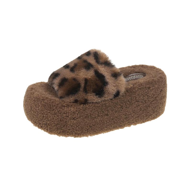 Leopard Print Fluffy Slippers Women's 2025 Autumn and Winter New Fashion Slippers Can Be Worn Outside European and American Style Wild Animal Patt