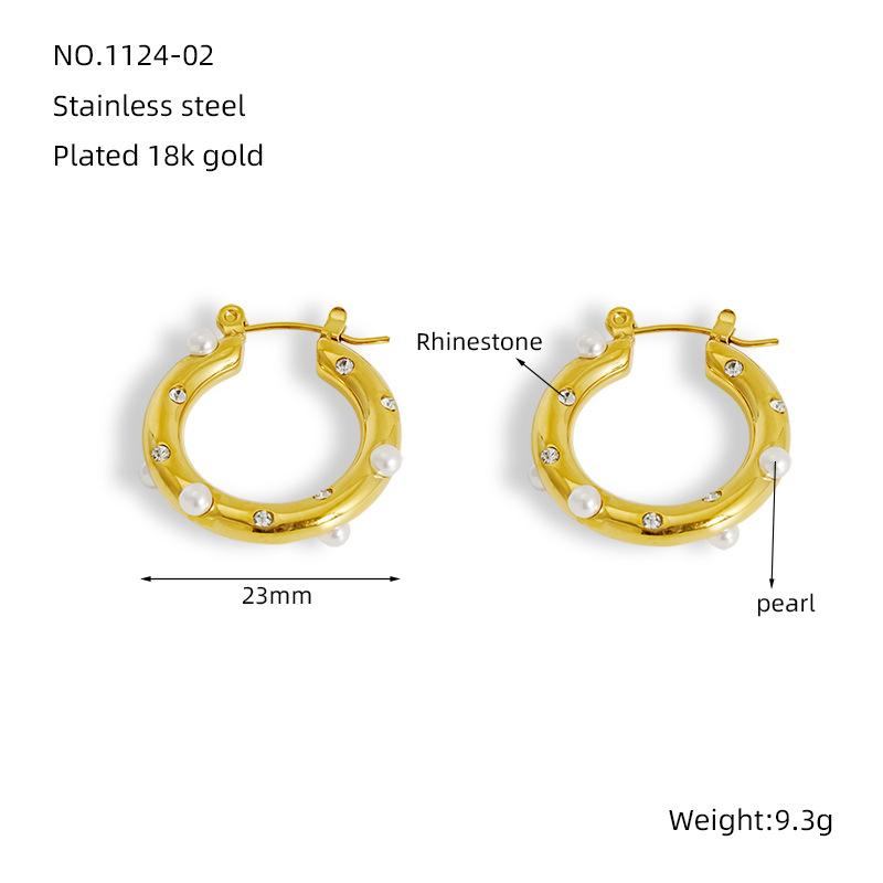 European American Style Stainless Steel Hoop Earrings Natural Stone Inlaid Pearl Zircon Women's Jewelry