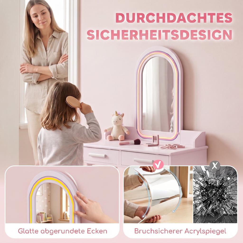 Kids Vanity Table Set 2 in 1 with LED Mirror for Girls Pink