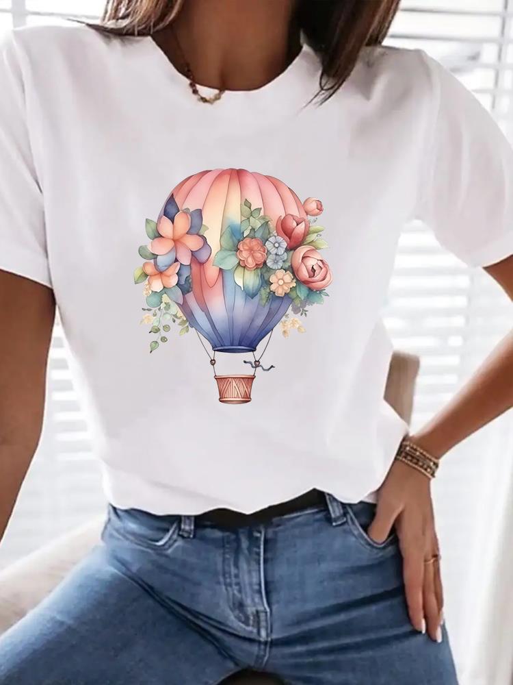 (Asian Size) Watercolor Flower Trend Women Tee Top Fashion Clothing T Shirt Woman Print Female Short Sleeve Graphic T-shirts