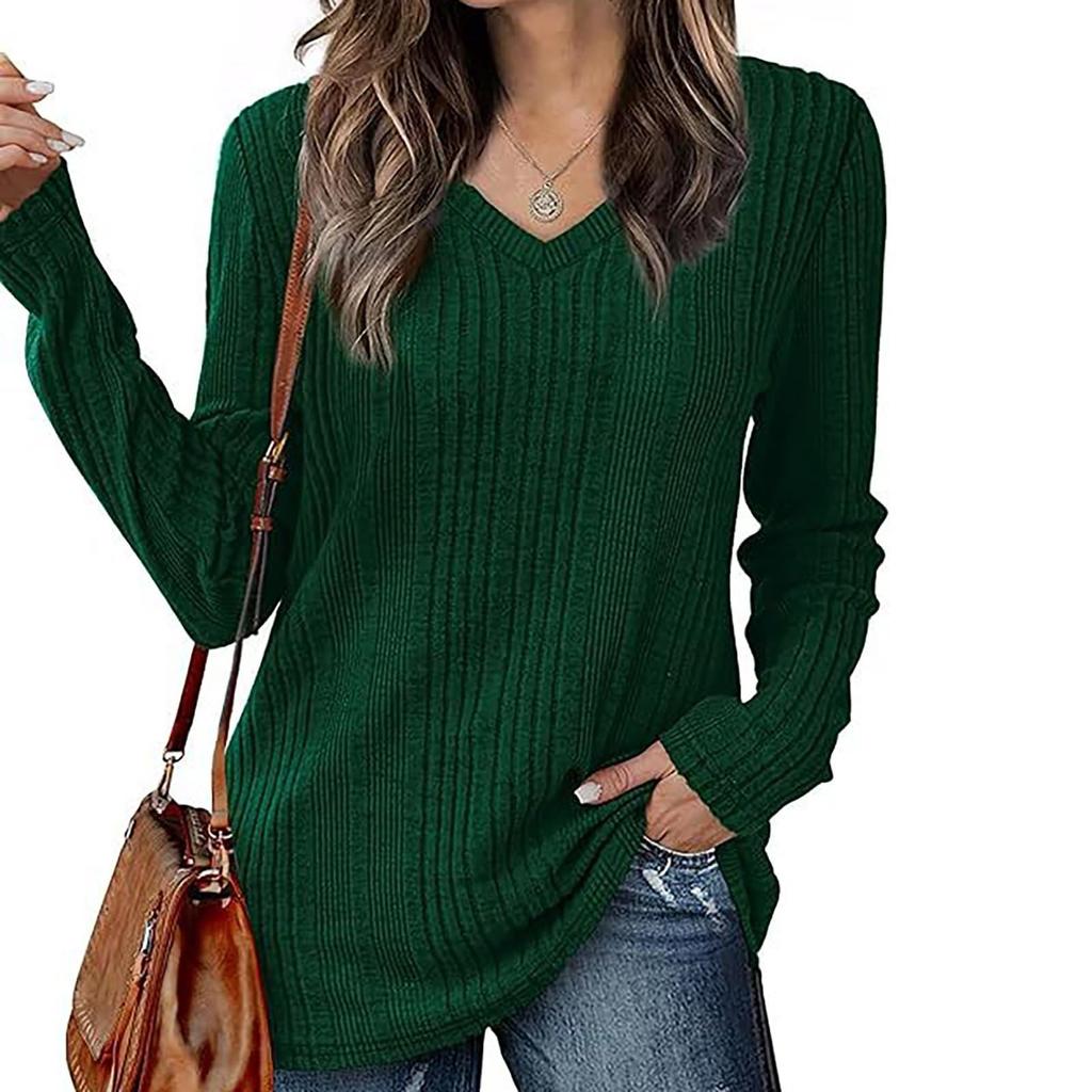 T-shirt décontracté à manches longues et col en V pour femme, couleur unie, haut confortable