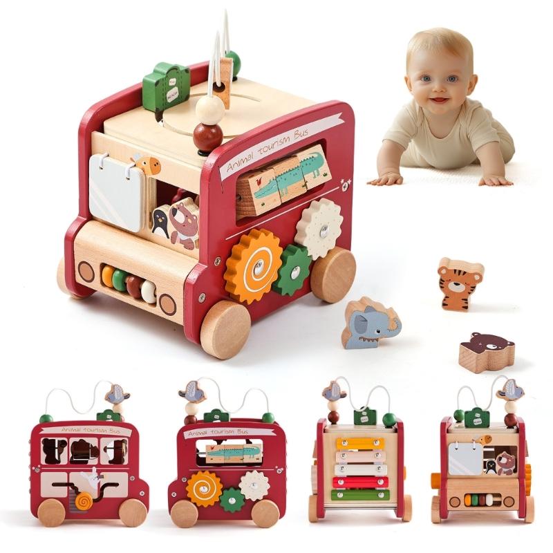 

Wood Learning Toy Bus Activity Cubes Toy For Children With Interactive Game And Safe Play Encouraging Fine Motor Skill красный