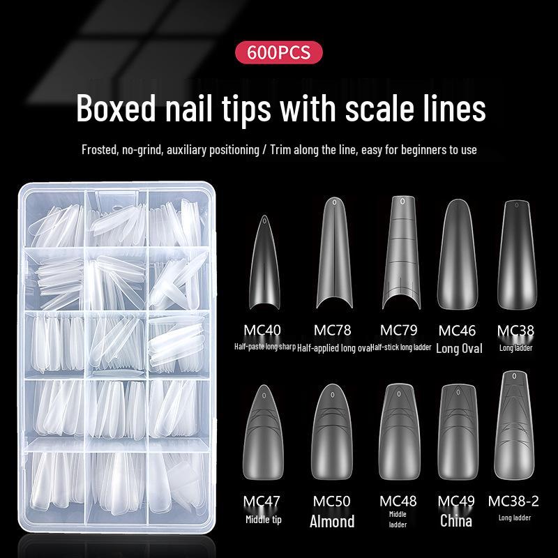 600pcs Transparent Full Cover Nail Tips with Scale Line - No Filing Needed, Traceless, Removable, Wearable False Fingernail Stickers in Box.