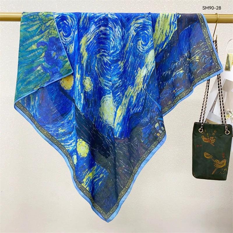 Double-Sided Faux Silk And Wool Printed Scarf For Women Spring And Autumn 90Cm Square Scarf Foulard Bandana Femmel Headscarf