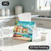 1pc Tissue Box, Flat Style Mediterranean Seaside Town Joy Pattern, 2D Flat Printing, Serves Multiple Purposes, Can Be Folded, Tissue Pouch, for Outdoo